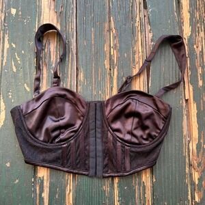 Chocolate Brown Satin and Lace Corset Bustier Top Underwire‎ Boning Hook Eye